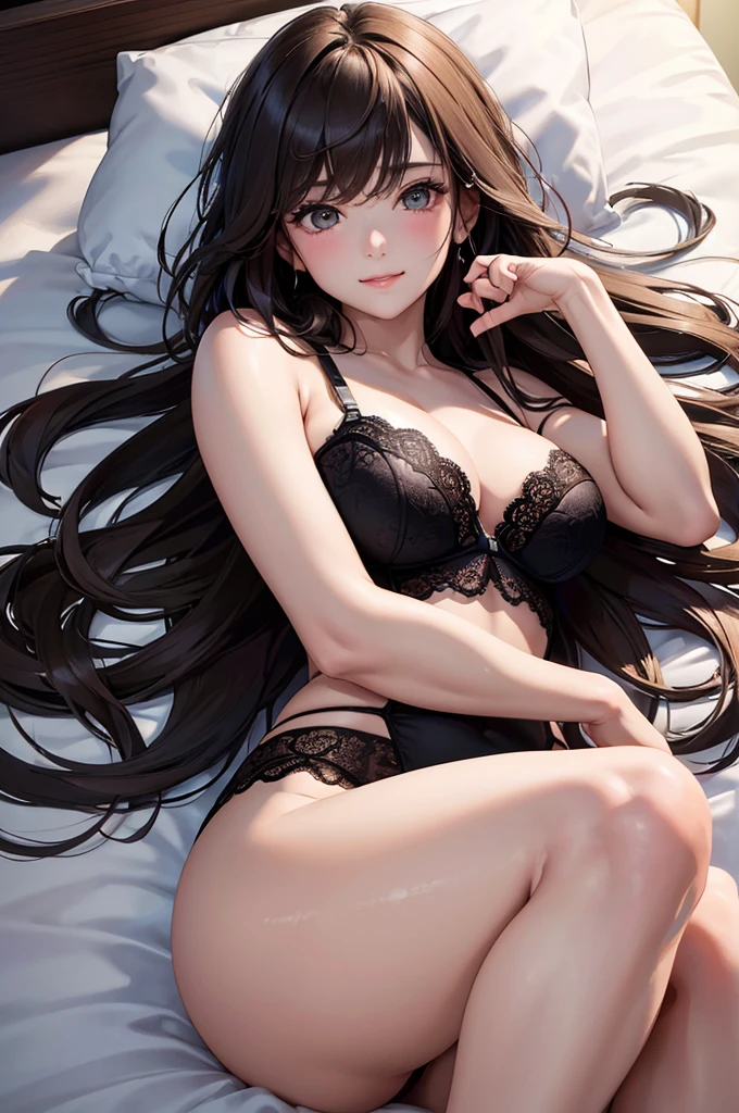 (Best Quality,High resolution,8K,finelity detailed background,Masterpiece:1.2),beautiful girl,Shiny brown hair,messy hair,Brown eyes,Gentle look,A refreshing look,Best quality,Best Quality,Aesthetic and aesthetic:1.2,Best details((Super detailed))(High-definition CG illustrations),Dark gray underwear (gray,intricate lace),Slender body,Late Night,Moonlit Night,Bedroom,On the bed,smile,blush,cute,Scrounge,Looking up,Being spoiled,super model,on back,shoot from above