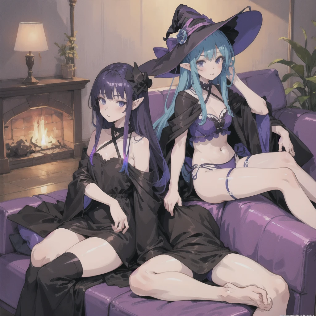 anime girl long purple hair wearing a black Robe. she has pointy ears. Witch Hat. Manga kawaii. iridescent ,An illustration, Sit on the sofa,One person