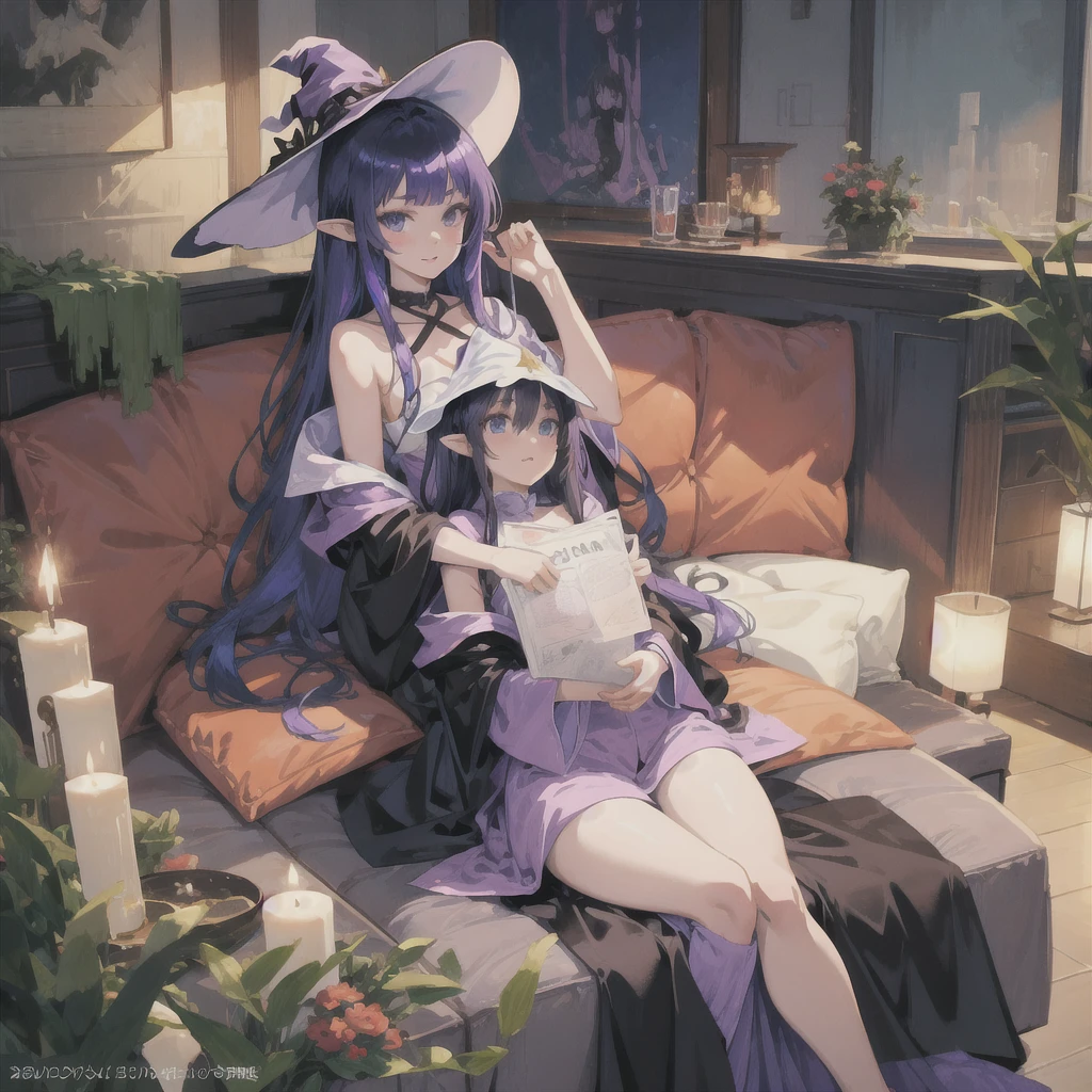 anime girl long purple hair wearing a black Robe. she has pointy ears. Witch Hat. Manga kawaii. iridescent ,An illustration, Sit on the sofa,One person