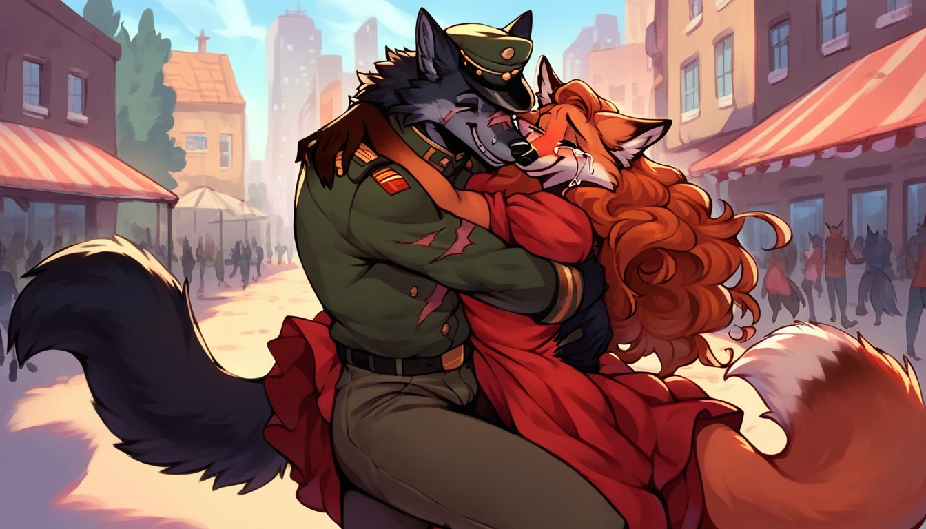 score_9, score_8_up, score_7_up, city, town park square, daytime, crowd on background, sunny, happy, joyful, love, reunion, face to face, (kissing:0.5) ((fox:1.2), anthro, female, dark brown fur, long flowing hair, beautiful, wearing a dress, crying tears of joy, hugging, being lifted) ((wolf:1.2), anthro, male, black fur, (scars, wounds), (wearing a military uniform, pants and hat), strong, lifting, loving expression)
