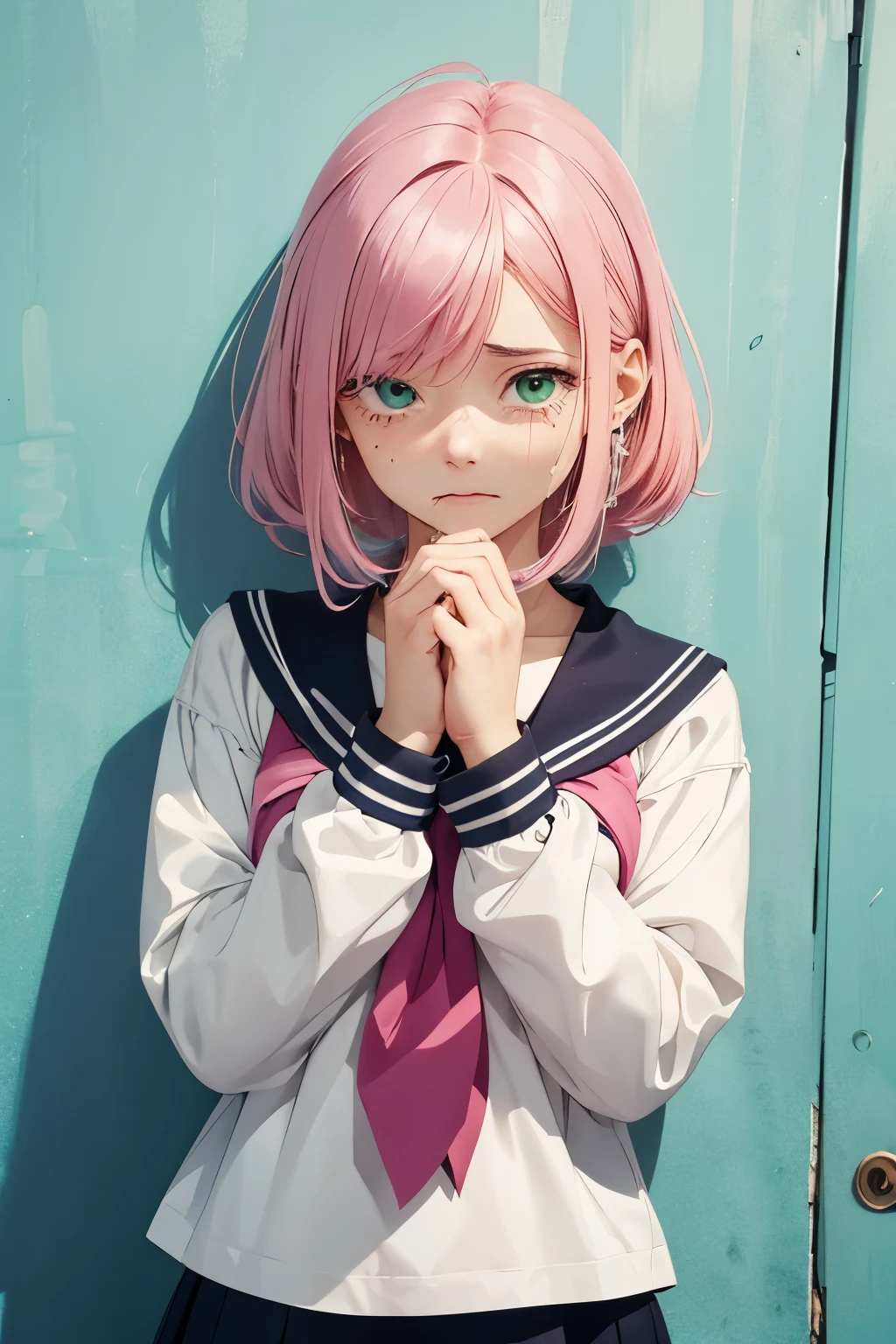 A 18 years old girl with pink hair and green eyes wearing a sailor . her face expression is scared and she is sobbing and crying and an unknown person's hand is covering her mouth forcefully