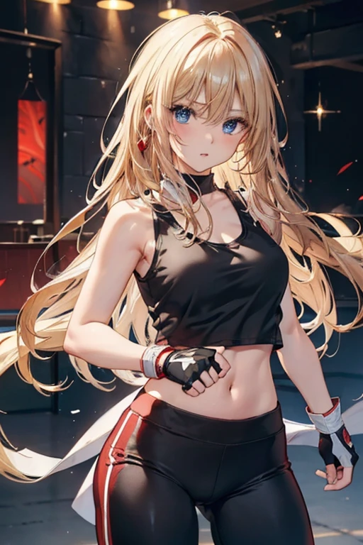 #Basics A girl is posing for a photo, animeのかわいい女の子, (((One Girl, Baby Face, 16 years old))),
BREAK
#Clothing Accessories
(((White on black)Tank Top + (red on black)Sports pants + Red open finger gloves:1.5)),
(Silver earrings),
BREAK
#Features
(Blonde:1.4, Chest-length sideburns:1.4 + Curly hair:1.4, Long Hair : Hair blowing in the wind + Very long hair + Curly hairで横に広がるボリュームのある髪 + Outwardly curled hair),
(Droopy eyes,blue eyes), (Small breasts),
BREAK
#expression
(Glaring, Screaming, Angry, 迫力のあるexpression),
#background environment
((Arena, The light shines + Martial Arts Rings)),
#composition
(Throw a powerful punch at the camera, Motion blur, Cowboy Shot),
BREAK
#Body parts elements
(Beautiful Hair,Shiny Hair),
(double eyelid, Long eyelashes),
(Expression of fine eyes, Beautiful and delicate eyes, Sparkling eyes, Eye Reflexes),
(Human Ear),
(Beautiful Nose, Thin Nose),
(Glossy lips, Beautiful Lips, Thick lips), (Symmetrical facial features),
(Detailed skin, Textured skin, Beautiful Skin),
BREAK
#Quality
(((Highest quality)), ((masterpiece)), ((Very detailed))), ((High resolution), (16K,1080P)),
(Realistic), (Anatomically correct),
((comics, anime)), (3DCG), CG illustration,