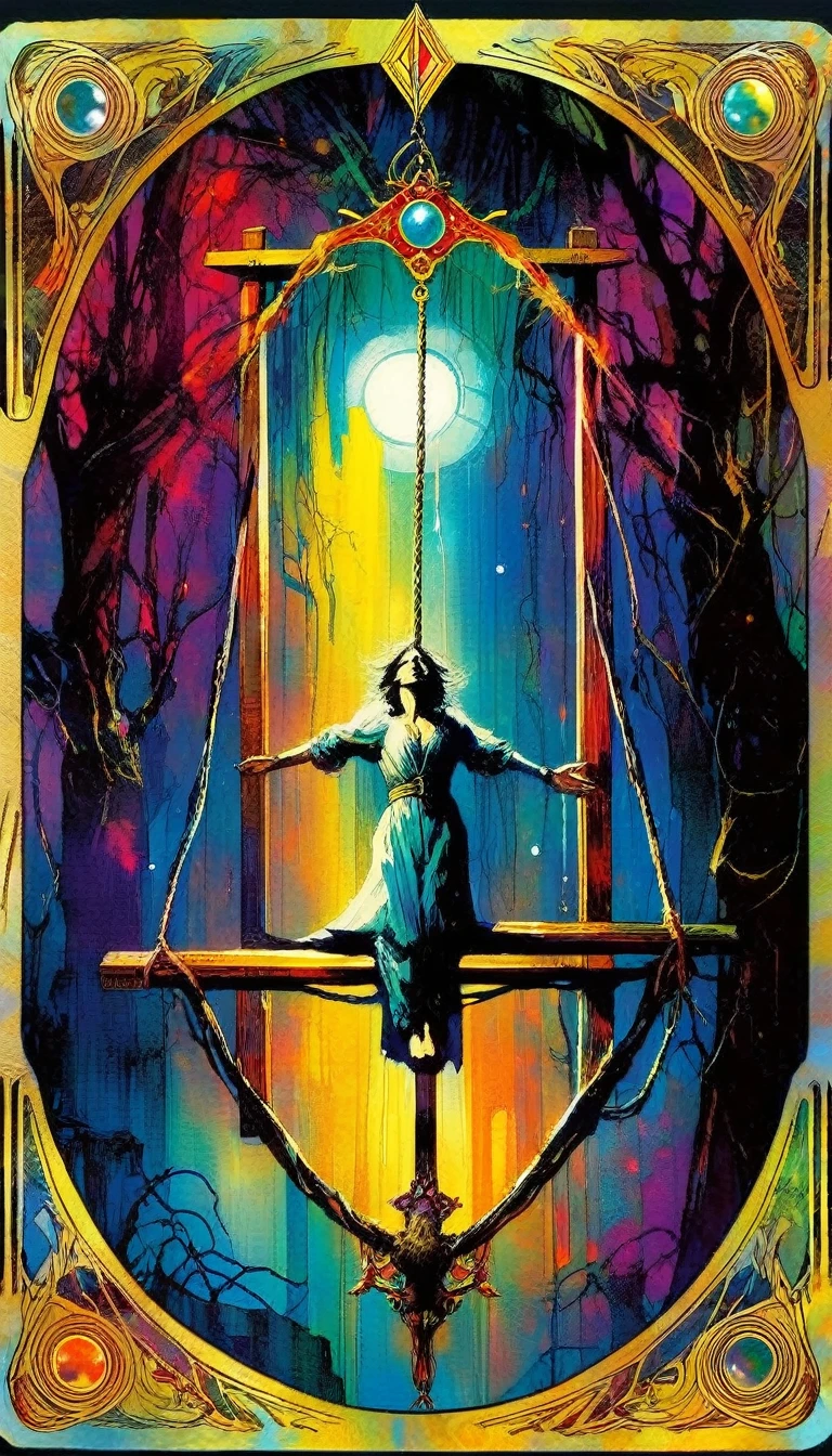 ((tarot card)) THE HANGED MAN ((card frame)), work by Bill Sienkiewicz, vivid colors, intricate details, oil.