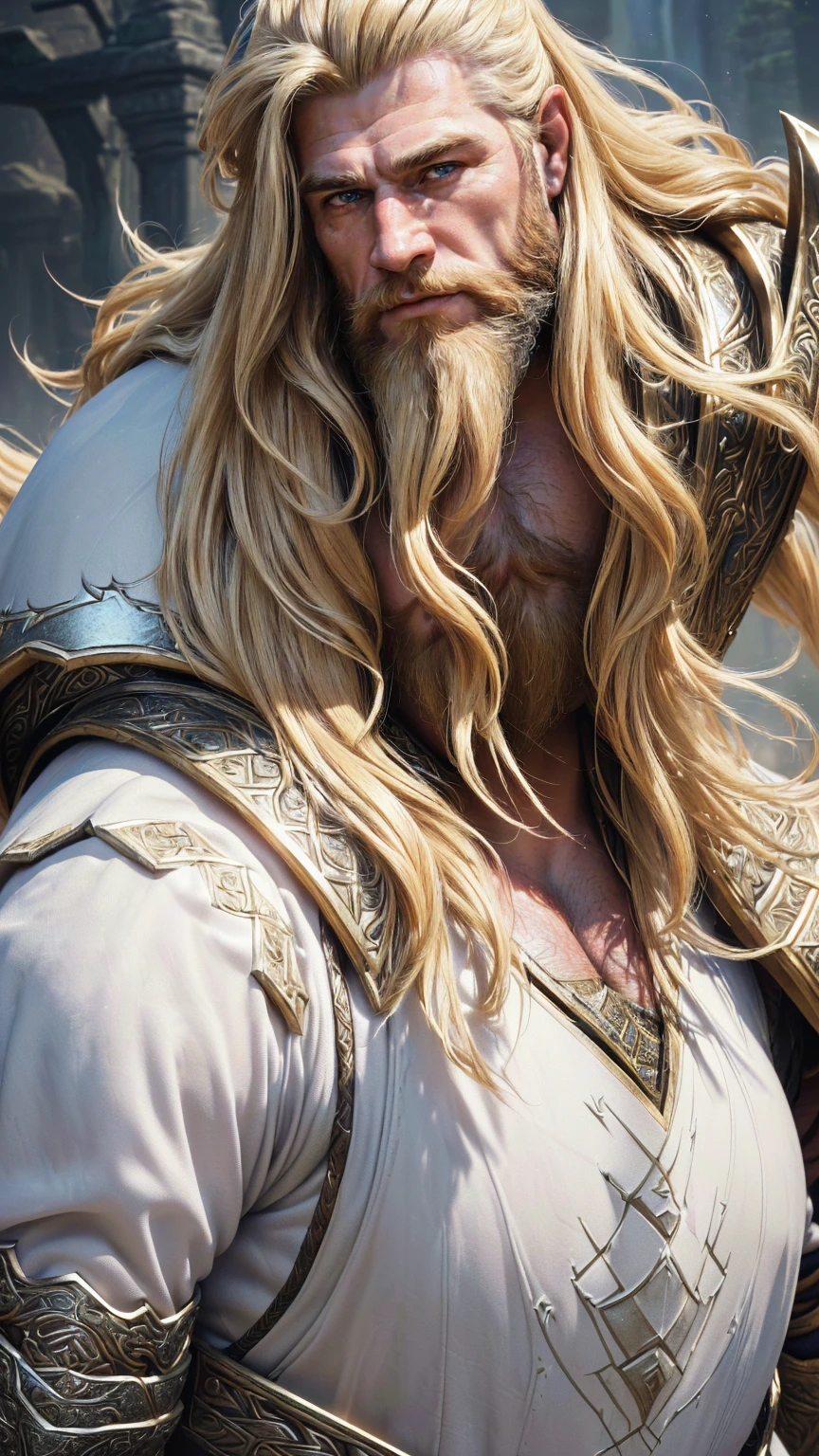 (best quality,4k,8k,highres,masterpiece:1.2),ultra-detailed,(realistic,photorealistic,photo-realistic:1.37),highly detailed portrait of a male dwarf warrior,charismatic and handsome face,long flowing blonde hair and long thick beard,muscular build,wearing heavy white dragon scale armor, epic fantasy scene,dramatic lighting,cinematic angle,intricate armor details,