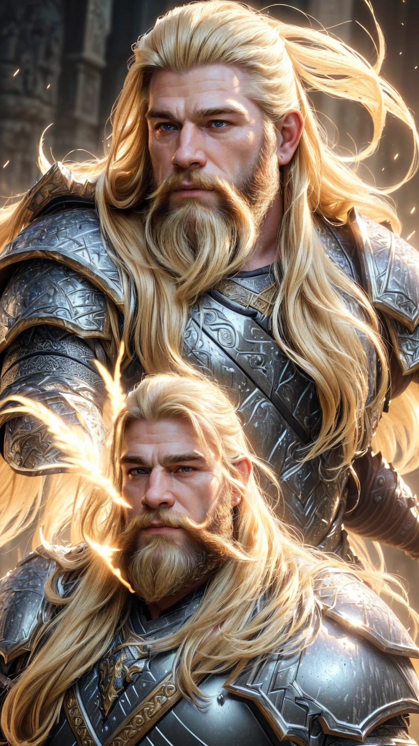 (best quality,4k,8k,highres,masterpiece:1.2),ultra-detailed,(realistic,photorealistic,photo-realistic:1.37),highly detailed portrait of a male dwarf warrior,charismatic and handsome face,long flowing blonde hair and long thick beard,muscular build,wearing heavy white dragon scale armor, epic fantasy scene,dramatic lighting,cinematic angle,intricate armor details,