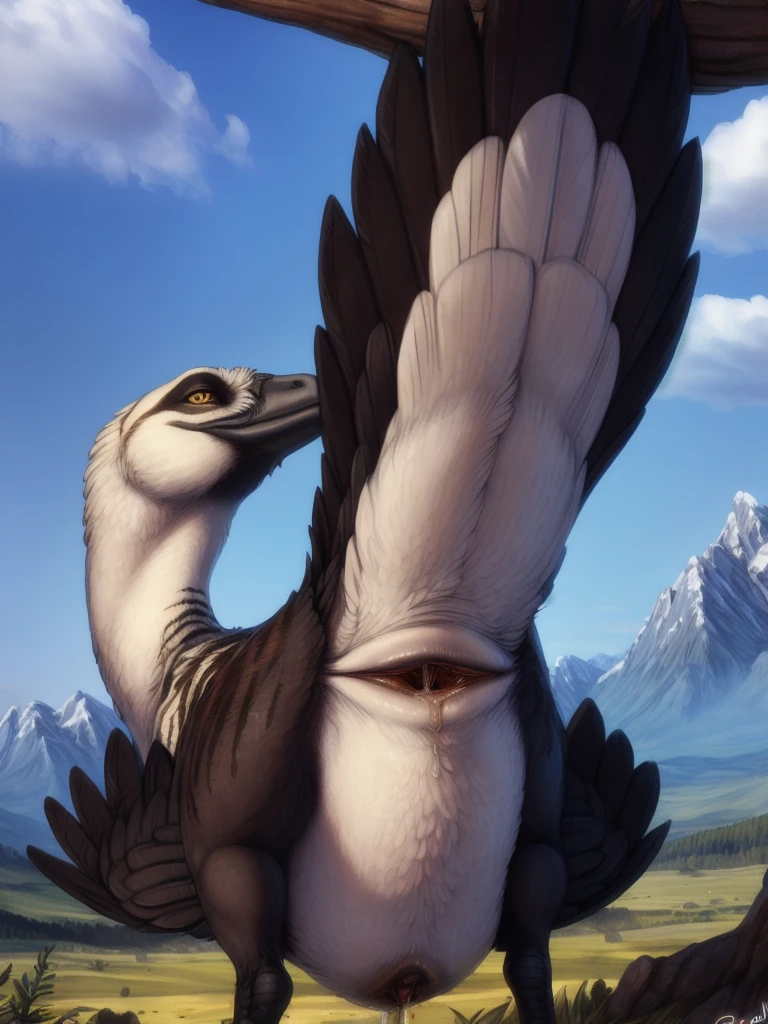 dromaeosaurid, raptor, feathered dinosaur, white feathers, black feathers, yellow eyes, side view, biped, tail,winged arms, black feet,feral, outside, trees, grass, mountains, clouds, ecmajor, personalami ,fingers,stripes, spot, black face,brown head,((feathers)),squating bending over, slit pupils, short nose,feathered arms, looking back at viewer (hindquaters facing viewer) (nsfw:1.7) (big juicy cloaca gaping dripping very white thick liquid) (horizontal cloaca, slightly gaping) (tight detailed cloaca) (pushing small amount of textured detailed poop out, of cloaca) (detailed scat:1.2) (large amounts of white thick liquid pouring out of cloaca) (cloaca focus) (cloaca closeup) (detailed gaping intricate cloaca) (big ass)