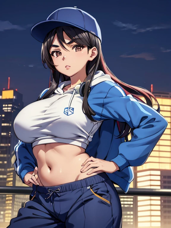 pixel perfect, Perfect in every detail, alone, 1 girl, Seiri Fukiyose, big breasts,hip hop dancer style,cap,headphones on the neck,pants,Hoodie,Colorful shirts,belly button,natural lip,city,evening,ELEGANT POSE,elegant angle,looking at the viewer,In the center of the image,cowboy shot,alone,