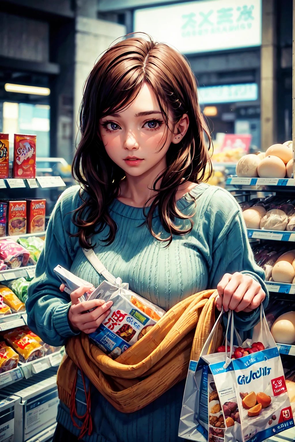 1girl, shopping at a supermarket, holding a carton of milk and eggs, realistic, photorealistic, photo-realistic:1.37, (best quality,4k,8k,highres,masterpiece:1.2),ultra-detailed, portrait, natural lighting, warm color palette, soft focus, detailed facial features, beautiful detailed eyes, beautiful detailed nose, beautiful detailed lips, extremely detailed face