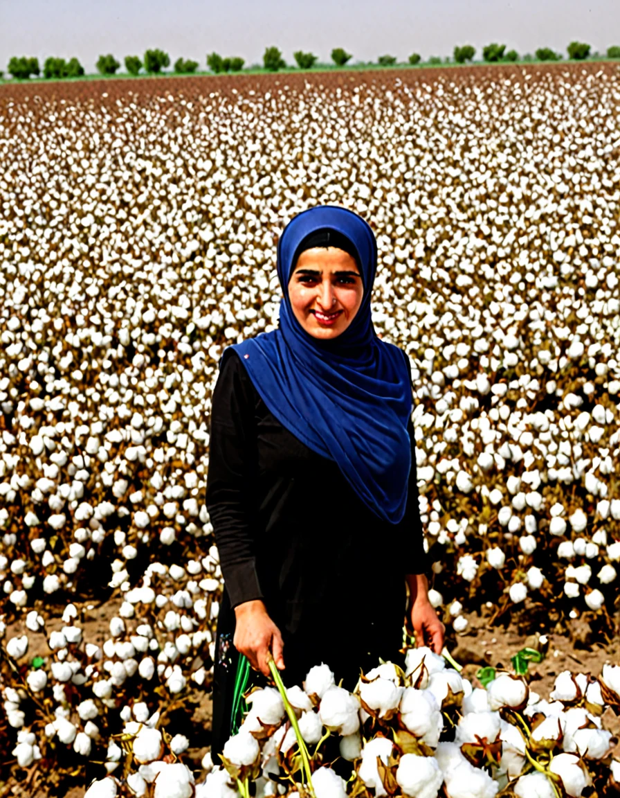 Kurdish woman in hijab working in cotton land