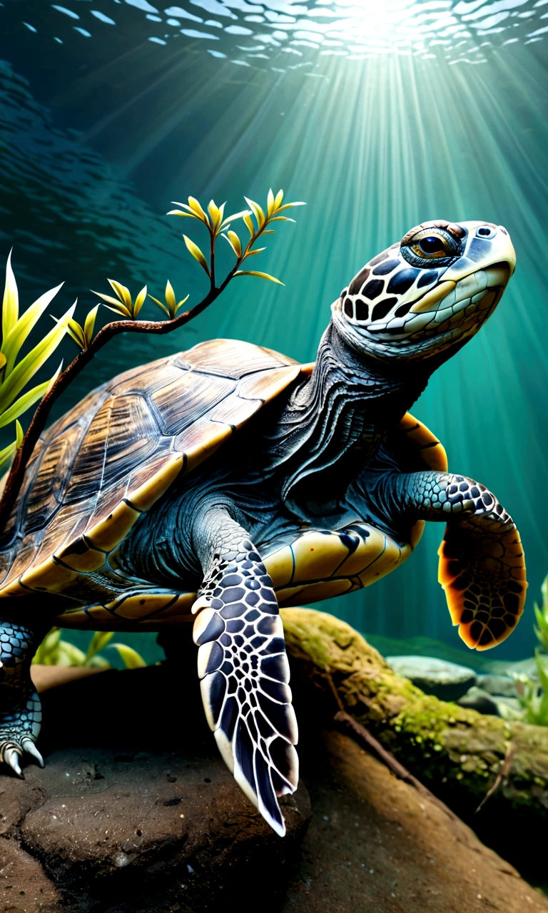 Panorama,There is a creature at the bottom of the river,Bird's head,The body of a turtle and the tail of a snake,Mysterious Creatures, shrike, (best quality,4K,8K,High level,masterpiece:1.2),Ultra Detailed,(lifelike,Photo real,Photo real:1.37),Highly detailed animals,Complex patterns,Realistic lighting,Fantasy Creatures