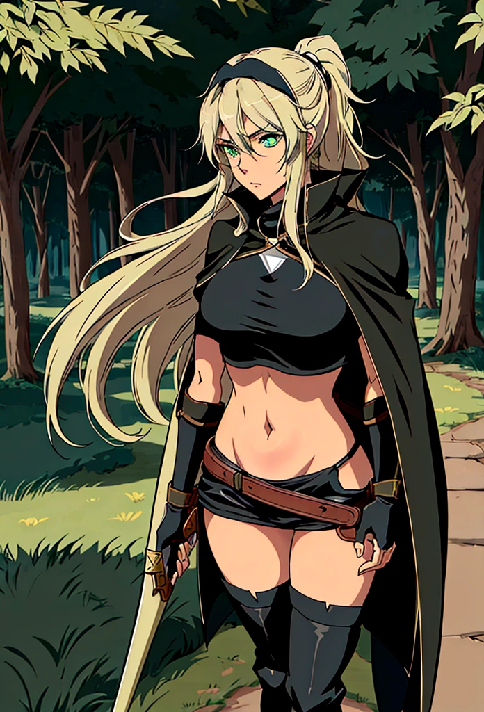 Create a 2D manga-style image of a young white woman named Lucina. She is a rogue in a medieval RPG setting. Lucina has long blonde hair tied in a ponytail., green eyes and a serious expression. His clothes are predominantly green and black.. She wears a fitted black top, a black cape and black pants, all with green details. Also include brown accessories, like a belt and boots. Lucina wears a brown glove on her left hand and brown anklets.. The background should reflect a medieval environment with fantasy elements, like a castle in the distance or a dense forest.