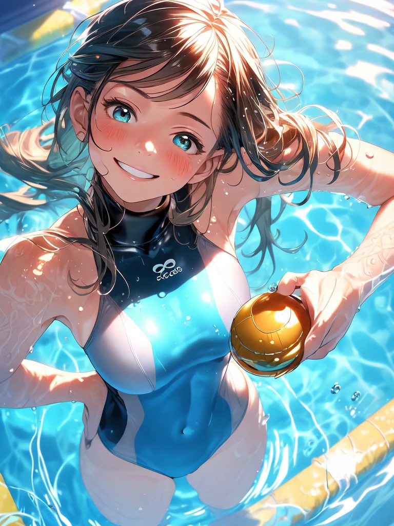 best quality, masterpiece, ultra high res, (photorealistic:1.4), RAW photo, Intricate details, ((Perfect Anatomy)), Big beautiful eyes, Perfect contours, masterpiece, One girl, Shortcuts, Medium chest, Olympic Swimmer, (one piece, turtleneck,No sleeve), Transparent and clear turquoise swimwear, tight high leg swimsuit, ((Shooting from below, looking up:1.2)), Portrait, (Face close-up), View your viewers, Outdoor swimming pool, Partially submerged, Wet Skin, Quiet Smile, Closed Mouth, (armpit)