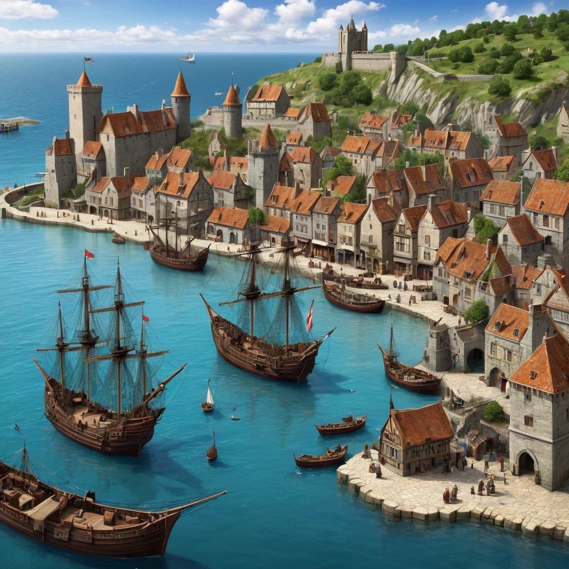 (best quality)), ((masterpiece)), ((realistic,digital art)), (super detailed), giganstesque port de commorece avec de nombreux quais, medieval style, ocean, more, ships sailing out to sea