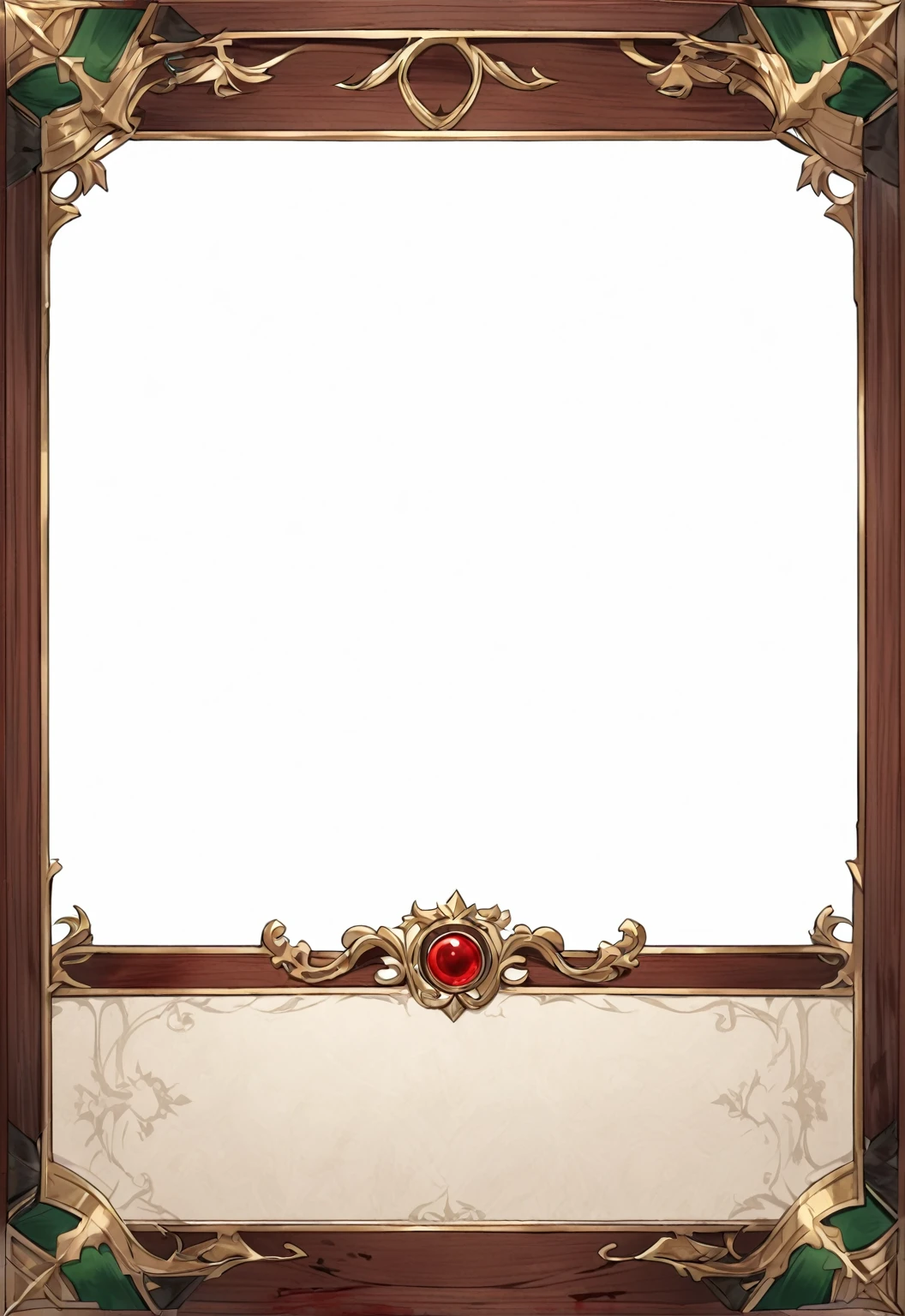 A card border UI，Medieval European aristocracy design，Noble and elegant dark style，Redwood frame，Parchment backing，There are blood stains on it。Deep Red、Emerald Green、Gold main tone。