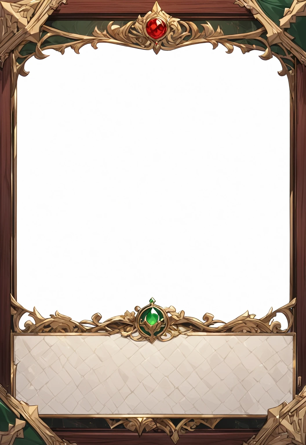 A card border UI,Medieval European aristocracy design,Noble and elegant dark style,Redwood frame,Parchment backing,There are blood stains on it。Deep Red、Emerald Green、Gold main tone。
