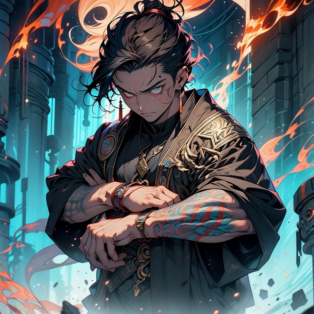 In a mystical realm, where the remnants of ancient structures and enchanted vehicles are scattered across a mysterious landscape, a 26-year-old man stands prominently. His black hair is slightly disheveled, creating a stark contrast with the vibrant orange flames dancing in his right hand. His expression is serious and determined, revealing piercing eyes that reflect both wisdom and power.

The man's physique is muscular, and he's dressed in robes that are singed at the edges, suggesting he has been through many magical duels. The fire magic emanating from his hand is clearly under his command, exuding an aura of formidable ability and mastery over the elements. Around him, the ruins bear arcane marks and the sky is painted with twilight hues, hinting at the mystical chaos he has overcome.

Despite the enigmatic surroundings that appear ancient and forgotten, the man's stance conveys a sense of accomplishment. He is a sorcerer, one who rose to challenge the unknown, and now, with the fire magic still blazing in his hand, he symbolizes the hope of enlightenment amidst the remnants of a bygone era.