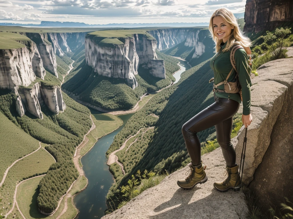1 woman, ((A beautiful blonde woman walking on the edge of a cliff with a stunning view of the green valley below)), ((hiking gear:1.3)). 40k, Photography, Masterpiece, Best quality, dark grey background, ((Mature women, Wife, Mom, A MILF)), Perfect face, perfect boobs, ((1 girl with brown eyes and gorgeous blonde hair)). Ultra-detailed face, Detailed eyes, Embarrassed, Smile, Summer, Daytime, hiking boots, full body portrait, dramatic, ultra-high res.photorealistic:.1.4, (high detailed skin:1.2), 8k uhd, dslr, high quality, film grain, Fujifilm XT3, leather leggings