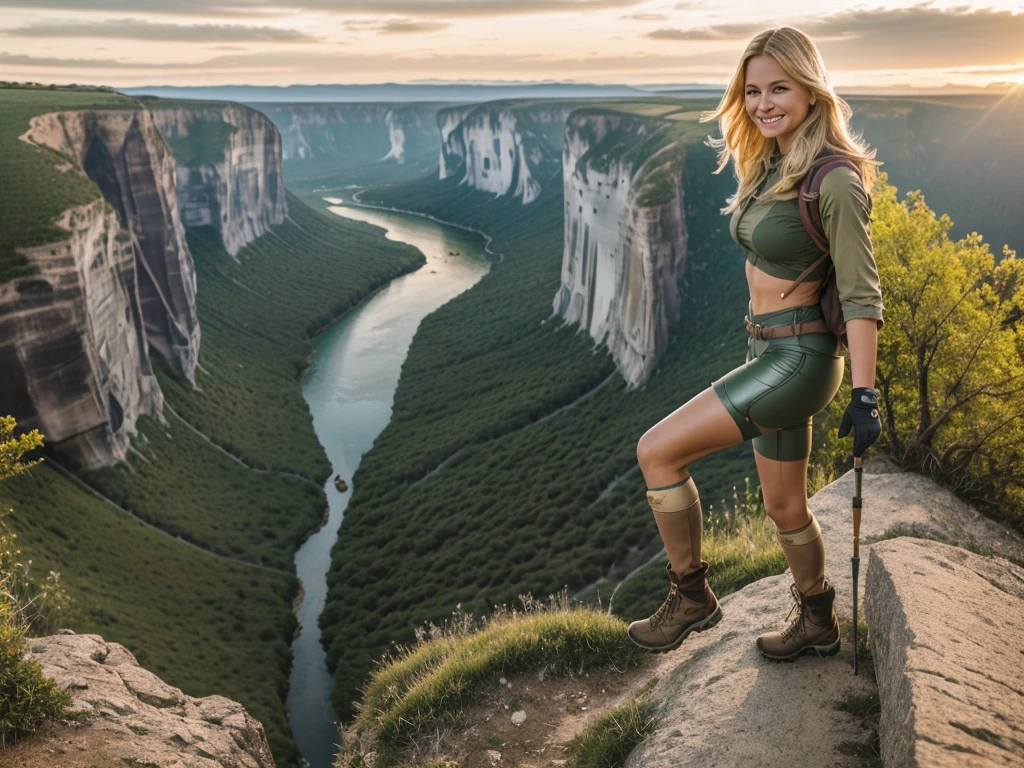 1 woman, ((A beautiful blonde woman walking on the edge of a cliff with a stunning view of the green valley below)), ((hiking gear:1.3)). 40k, Photography, Masterpiece, Best quality, dark grey background, ((Mature women, Wife, Mom, A MILF)), Perfect face, perfect boobs, ((1 girl with brown eyes and gorgeous blonde hair)). Ultra-detailed face, Detailed eyes, Embarrassed, Smile, Summer, Daytime, hiking boots, full body portrait, dramatic, ultra-high res.photorealistic:.1.4, (high detailed skin:1.2), 8k uhd, dslr, high quality, film grain, Fujifilm XT3, leather leggings