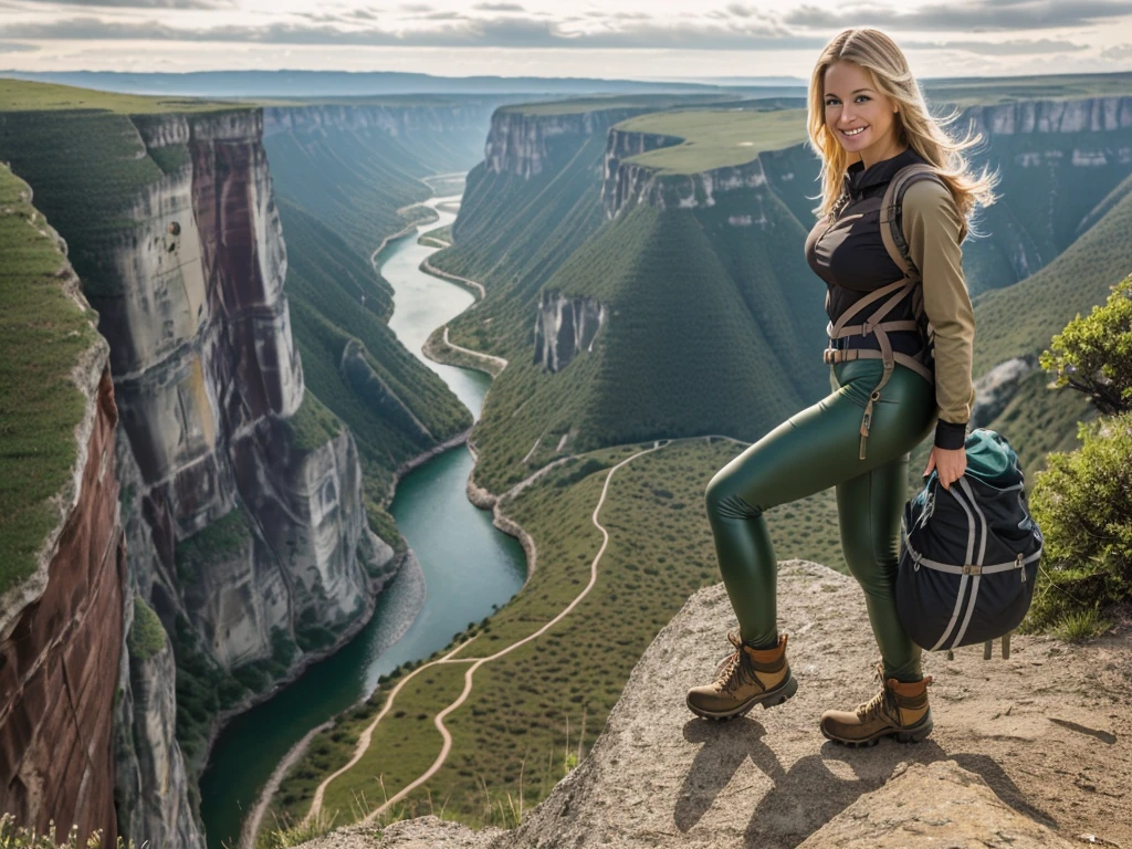 1 woman, ((A beautiful blonde woman walking on the edge of a cliff with a stunning view of the green valley below)), ((hiking gear:1.3)). 40k, Photography, Masterpiece, Best quality, dark grey background, ((Mature women, Wife, Mom, A MILF)), Perfect face, perfect boobs, ((1 girl with brown eyes and gorgeous blonde hair)). Ultra-detailed face, Detailed eyes, Embarrassed, Smile, Summer, Daytime, hiking boots, full body portrait, dramatic, ultra-high res.photorealistic:.1.4, (high detailed skin:1.2), 8k uhd, dslr, high quality, film grain, Fujifilm XT3, leather leggings