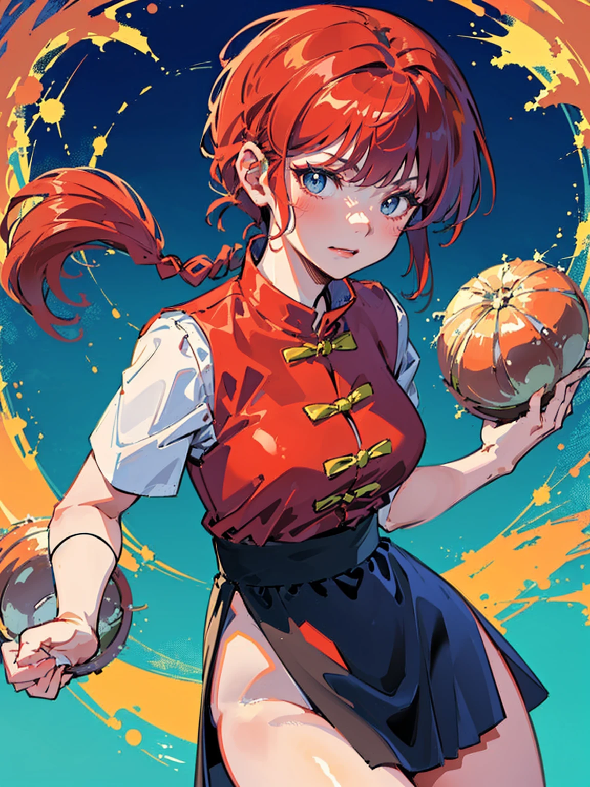 ((masterpiece:1.4)), expensive quality, very_expensive_solve, big_file size, Full Color, Thick outline, Clear contours, colorful, (Beautiful fine details, Are thin:1.4), ((Beautiful Face:1.0)), ((Boyish face:1.4)), 1 girl, (Ranma), (Redhead), short hair, (Braided Ponytail), ((bangs)), bumpy bangs, Blue-gray eyes, Big Breasts, Curvy, Ranma, Braided Ponytail, (Red Chinese Clothing, Short sleeves in red), No sleeve, Tangzhuang, Black trousers, Are standing, ((, Are thin:1.4)), ((from the front:1.4)), Are thin:1.4
