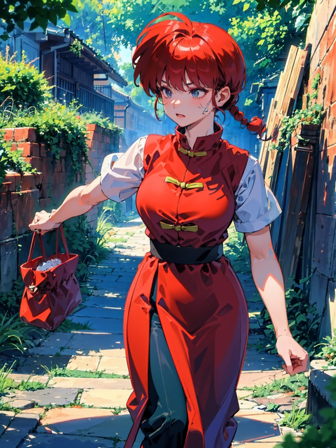 ((masterpiece:1.4)), expensive quality, very_expensive_solve, big_file size, Full Color, Thick outline, Clear contours, colorful, (Beautiful fine details, Are thin:1.4), ((Beautiful Face:1.0)), ((Boyish face:1.4)), 1 girl, (Ranma), (Redhead), short hair, (Braided Ponytail), ((bangs)), bumpy bangs, Blue-gray eyes, Big Breasts, Curvy, Ranma, Braided Ponytail, (Red Chinese Clothing, Short sleeves in red), No sleeve, Tangzhuang, Black trousers, Are standing, ((, Are thin:1.4)), ((from the front:1.4)), Are thin:1.4