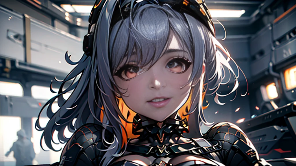 ((Best quality)), ((masterpiece)), (detailed:1.4), 3D, an image of a beautiful cyberpunk female, Yandere , Yandere Face , Trance , Trance Eyes , yameroyandere , constricted pupils , yandere , empty eyes . shaded face , crazy eyes , glowing red eyes , crazy smile , Marian , long silver hair , Black Dress , Red Eyes, Black undercloth, large breasts, HDR (High Dynamic Range),Ray Tracing,NVIDIA RTX,Super-Resolution,Unreal 5,Subsurface scattering,PBR Texturing,Post-processing,Anisotropic Filtering,Depth-of-field,Maximum clarity and sharpness,Multi-layered textures,Albedo and Specular maps,Surface shading,Accurate simulation of light-material interaction,Perfect proportions,Octane Render,Two-tone lighting,Wide aperture,Low ISO,White balance,Rule of thirds,8K RAW,