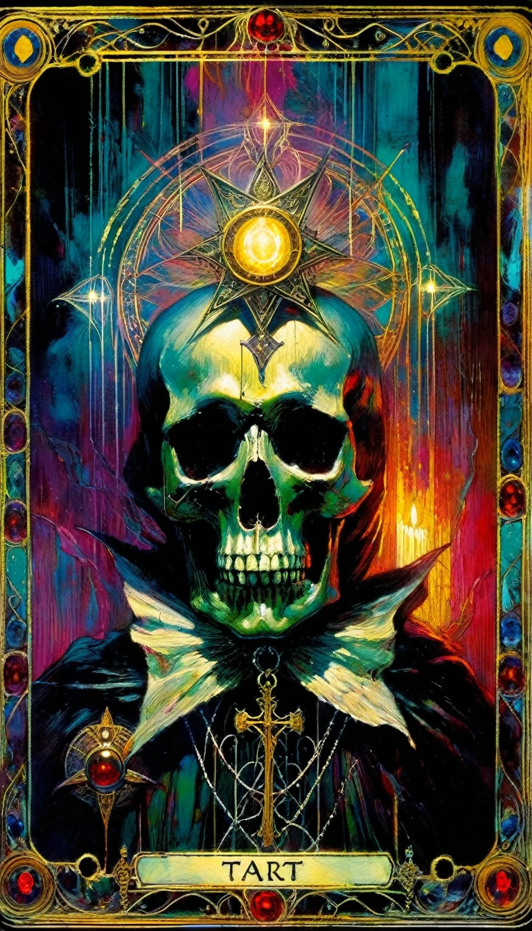 (tarot card death card,intricate detailed oil painting by Bill Sienkiewicz,vivid colors,highly detailed,cinematic dramatic lighting,mysterious,dark gothic,occult symbolism,visceral,haunting,masterpiece)