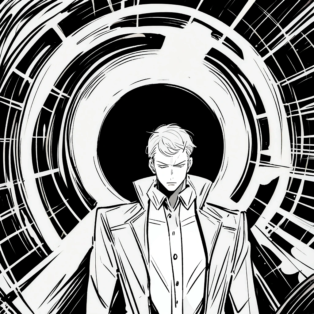 A man in a suit who has his head replaced by a black hole, Its event horizon and all white;. Man is protecting himself from the rain with a garda-chuva.
