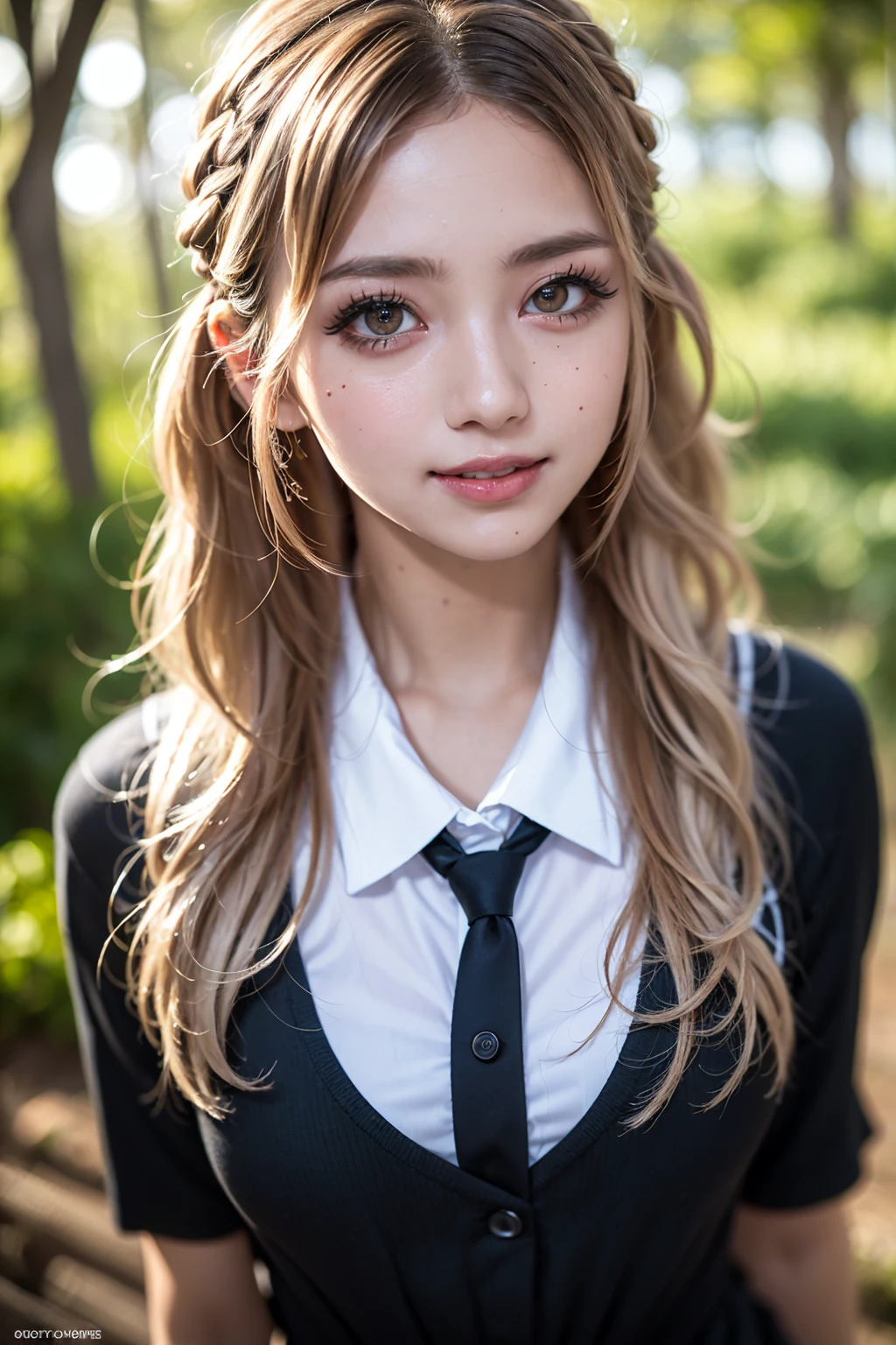 Realistic, masterpiece, Highest quality, Highest Resolution, High Detail, Soft Light, Professional Lighting, Backlight, Film Grain, The background is blurred, Japanese , (The subject was photographed from above at an angle, The model does not look at the camera:1.3), 16 years old, Upper body photo, Looks sleepy, inattention, Grinning, Open your mouth, Beautiful and detailed eye drawing, (Droopy eyes:1.3), Dark Eyes, Thin eyebrows, Draw eyelashes carefully, Eyelash extensions, Gal Makeup, Orange Cheek, (White brown wavy hair, Long Hair, Hair tied back, middle part:1.3), (Hidden eyelid wrinkles:1.3), (Gothic summer school uniform:1.3), (Summer forest:1.3)