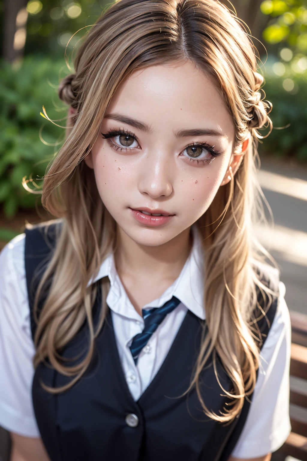 Realistic, masterpiece, Highest quality, Highest Resolution, High Detail, Soft Light, Professional Lighting, Backlight, Film Grain, The background is blurred, Japanese , (The subject was photographed from above at an angle, The model does not look at the camera:1.3), , Upper body photo, Looks sleepy, inattention, Grinning, Open your mouth, Beautiful and detailed eye drawing, (Droopy eyes:1.3), Dark Eyes, Thin eyebrows, Draw eyelashes carefully, Eyelash extensions, Gal Makeup, Orange Cheek, (White brown wavy hair, Long Hair, Hair tied back, middle part:1.3), (Hidden eyelid wrinkles:1.3), (Gothic summer school uniform:1.3), (Summer forest:1.3)