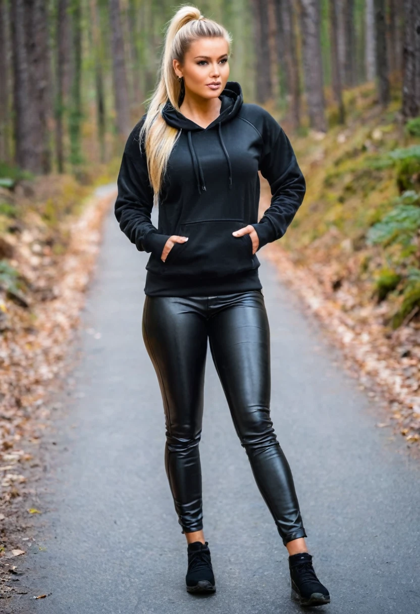 Girl (Busty blonde) tight black leather leggings and a black hoodie, ponytail hair, standing on on road in the forest, don't show your face, big ass, Focused on the whole body from behind., standing, looking in front of her naked