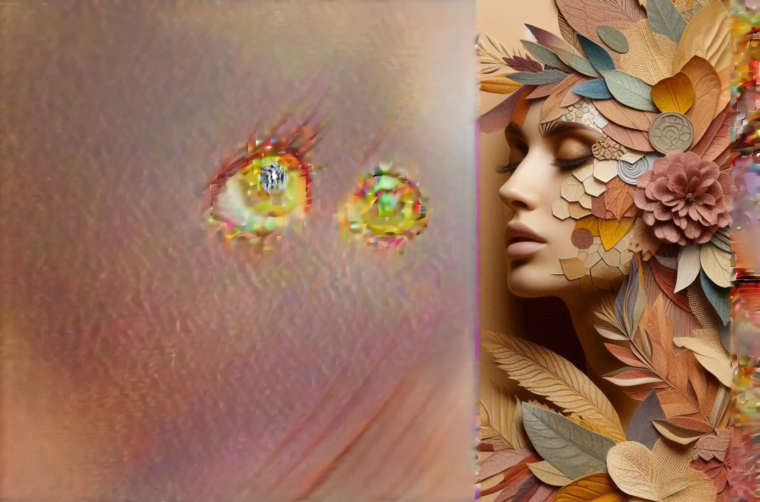 textil, woven labels, woman and man, with collage of materials on their face or body, which describe the elements of the earth
