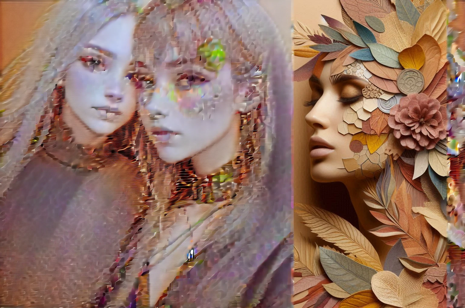 textil, woven labels, woman and man, with collage of materials on their face or body, which describe the elements of the earth