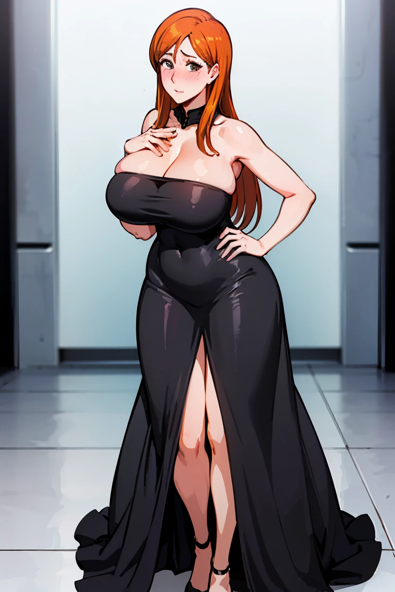 Beautiful orihime,(huge breast huge pelvis thick thighs),(blush nose blush Lush),((wearing black maxi dress strapless maxi dress)),((wearing black tight maxi dress)),(beautiful face),(posing her body),(full body portrait)