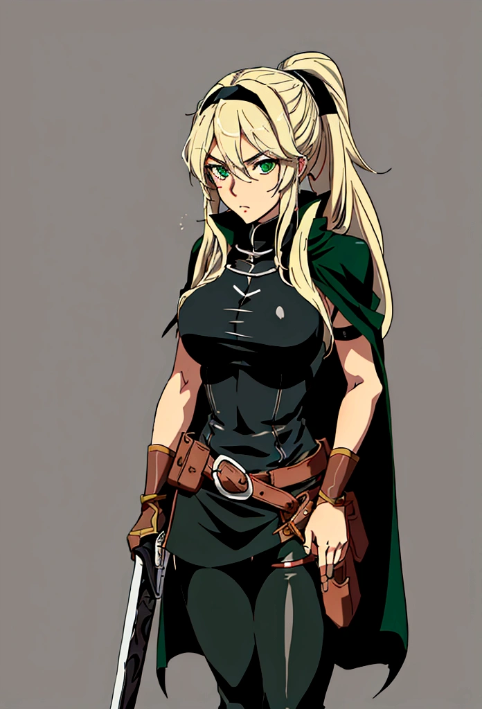 Create a 2D manga-style image of a young white woman named Lucina. She is a rogue in a medieval RPG setting. Lucina has long blonde hair tied in a ponytail., green eyes and a serious expression. His clothes are predominantly green and black.. She wears a fitted black top, a black cape and black pants, all with green details. Also include brown accessories, like a belt and boots. Lucina wears a brown glove on her left hand and brown anklets.. The background should reflect a medieval environment with fantasy elements, like a castle in the distance or a dense forest.