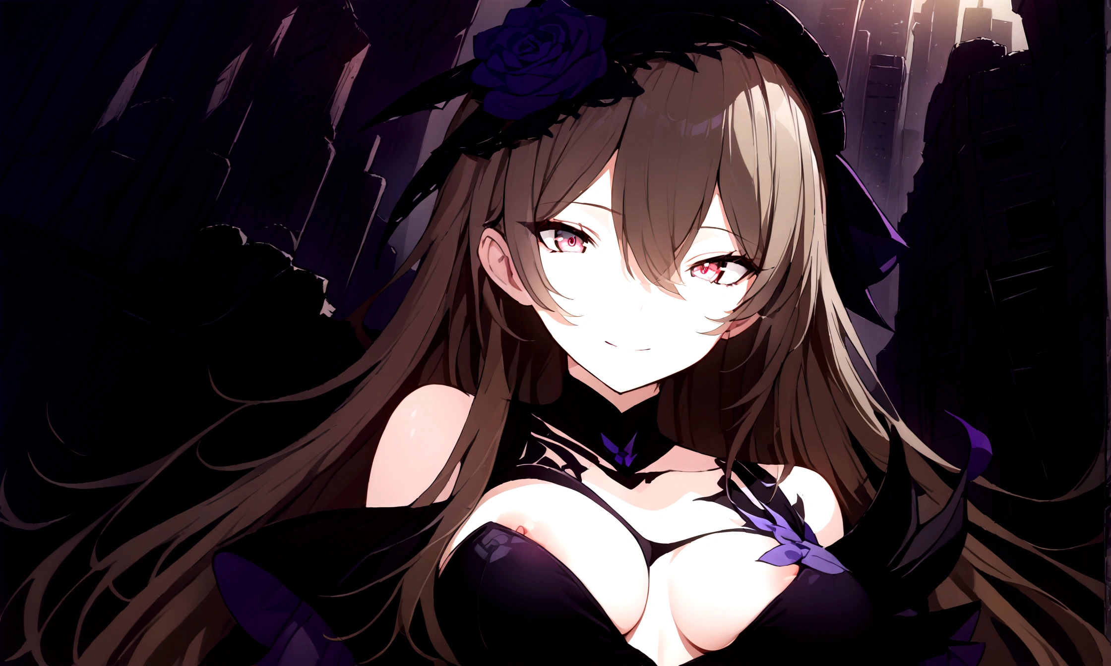 (best quality, highres, masterpiece : 1.4), (flatten art : 0.8), masterpiece, (best quality), 1woman, anime, beige long hair, fair skin, faint red eyes, black and purple headress, medium sized breast, calm smile, (detailed face), black dress, city ruin, close-up, alluring, dynamic angle, eyes to the viewer