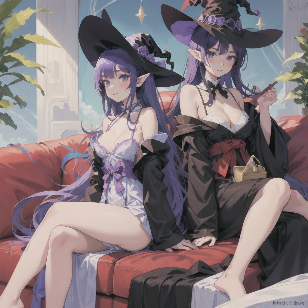 anime girl long purple hair wearing a black Robe. she has pointy ears. Witch Hat. Manga kawaii. iridescent ,An illustration, Sit on the sofa
