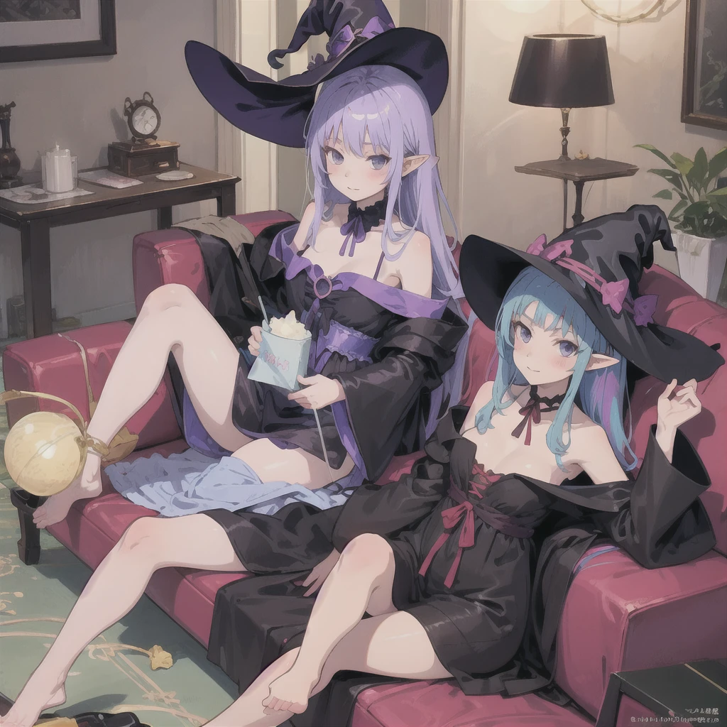 anime girl long purple hair wearing a black Robe. she has pointy ears. Witch Hat. Manga kawaii. iridescent ,An illustration, Sit on the sofa