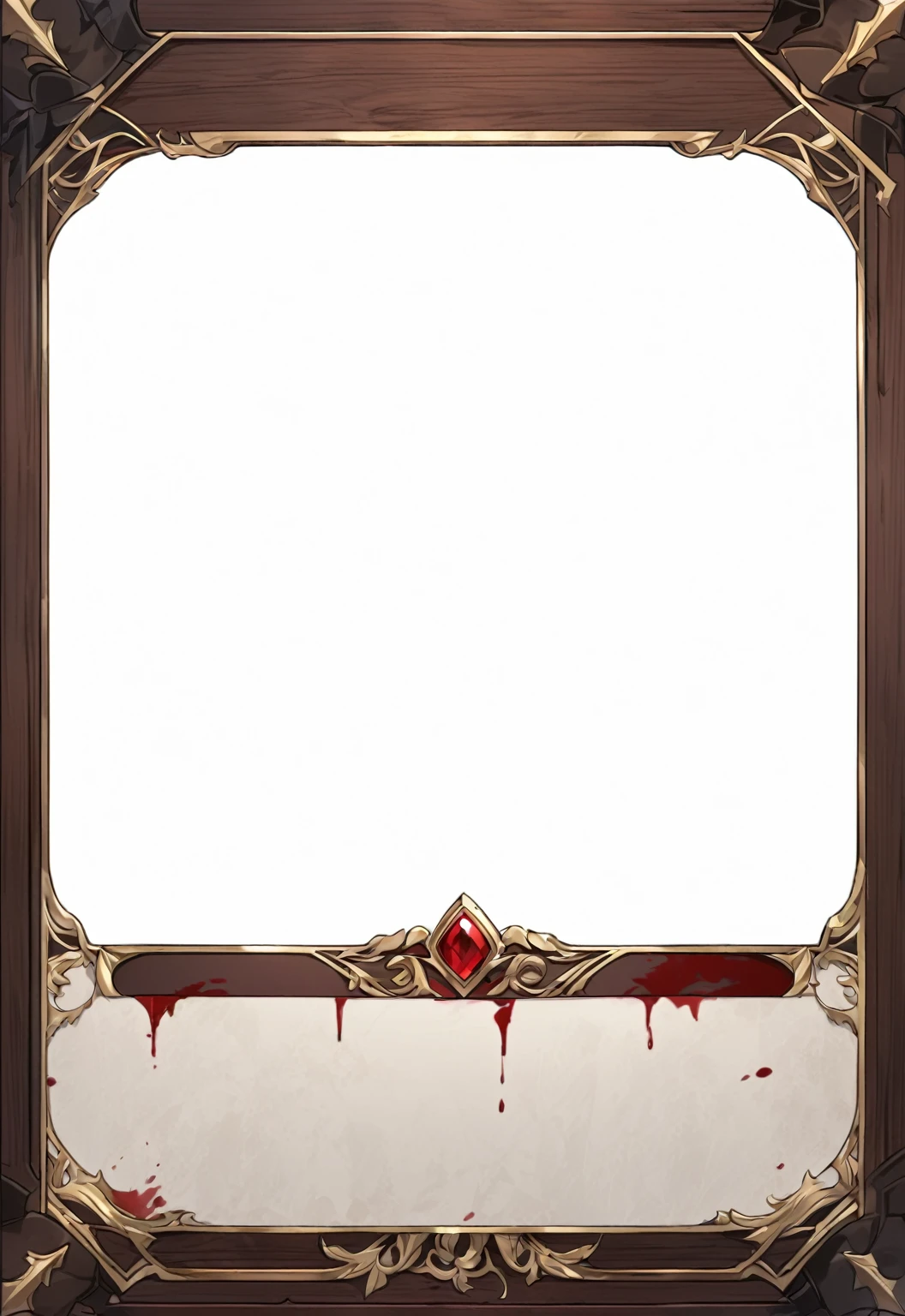 A card border UI，Medieval European aristocracy design，Noble and elegant dark style，Redwood frame，Parchment backing，There are blood stains on it。Deep Red、Emerald Green、Gold main tone。