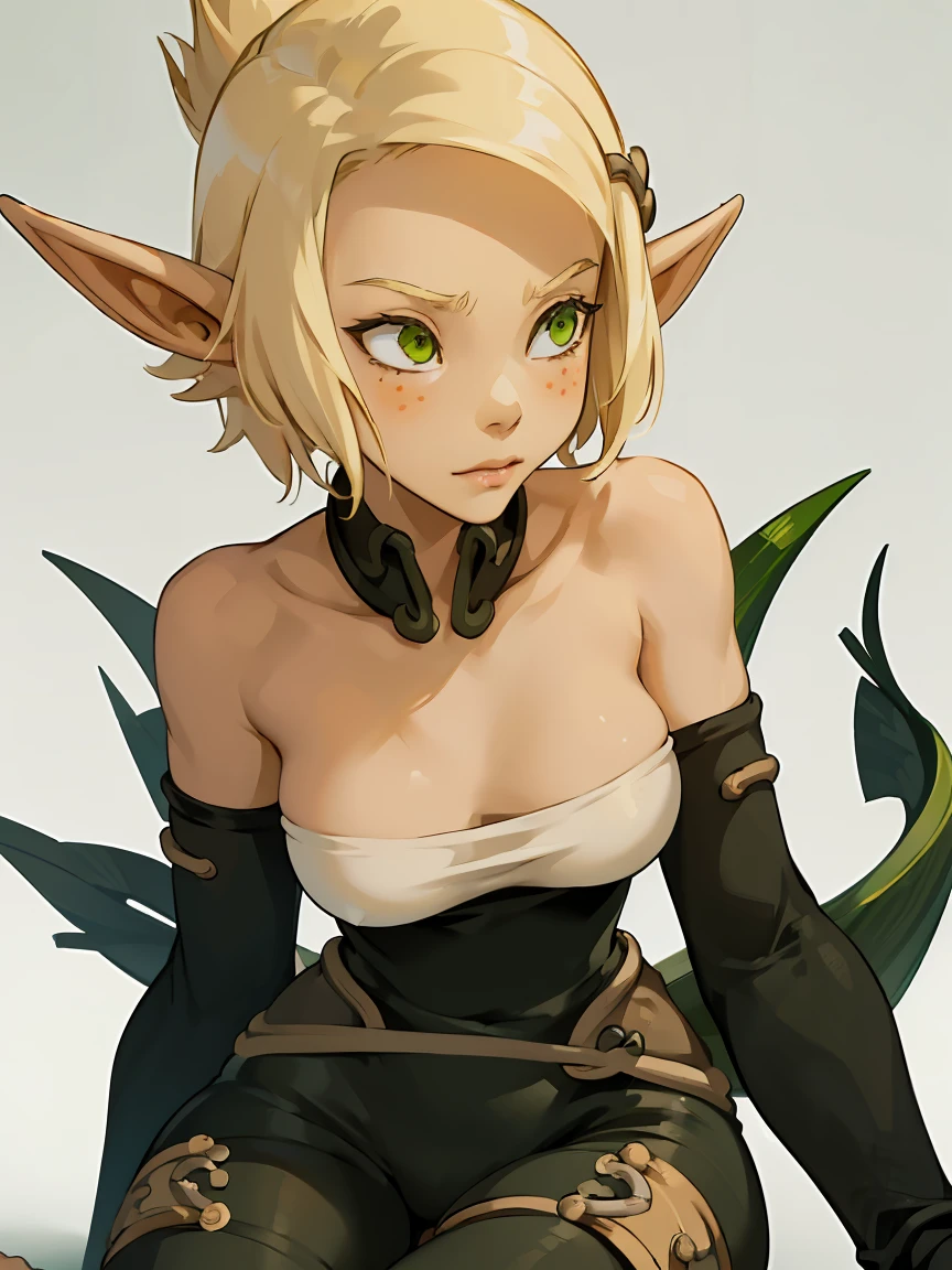 ((ultra quality)), ((masterpiece)), Evangelyne - Wakfu, Wakfu style, ((blonde short hair, evangelina hairstyle)), (Beautiful face), (beautiful female lips), (elven long ears), charming, ((sexy facial expression)), looks at the camera, eyes slightly open, (skin color white), (White skin), glare on the body, ((detailed beautiful female eyes)), ((dark green eyes)), (juicy female lips), (dark eyeliner), (beautiful female hands), ((ideal female figure)), ideal female body, beautiful waist, gorgeous thighs, beautiful medium breasts, ((subtle and beautiful)), sexy sits (close up of face), (black clothes Evangelyne - wakfu season 1, clothes from the first season of the animated series, white top) background: the forest, ((depth of field)), ((high quality clear image)), (clear details), ((high detail)), realistically, professional photo session, ((Clear Focus)), anime