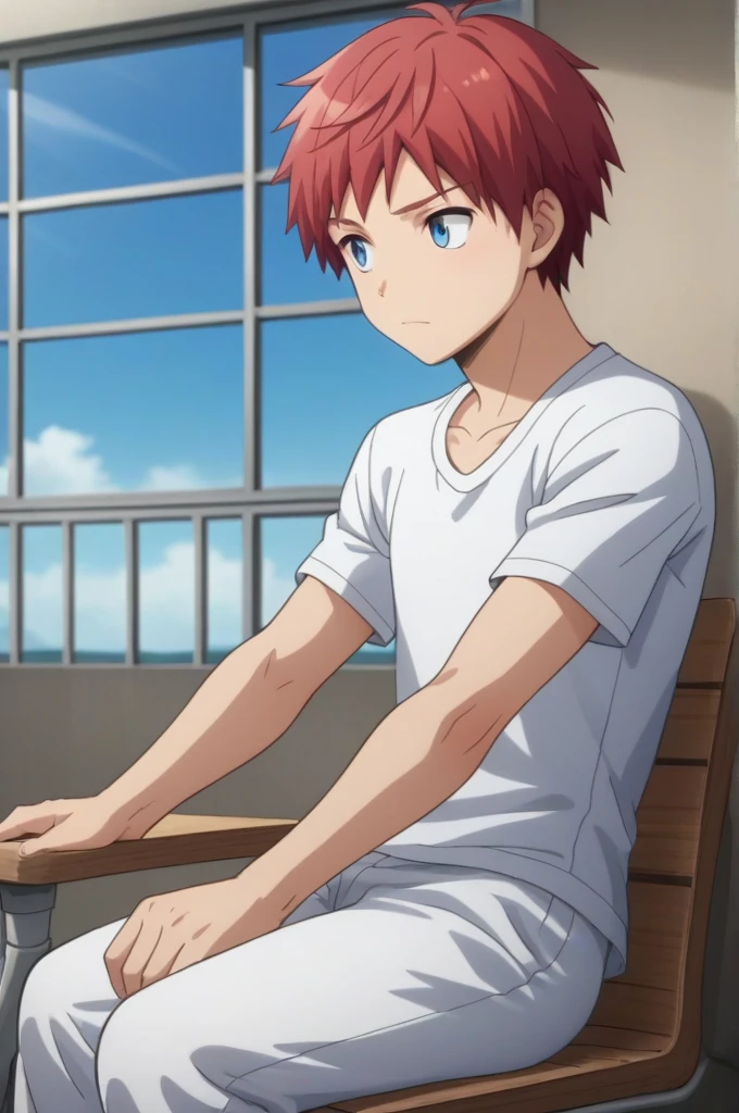 score_9, score_8_up, score_7_up, source_anime, rating_safe, , anime screencap, anime coloring, official style, looking away , 1baby boy, solo, 5 years old,male focus, tomohito_sugino, red hair, blue eyes, short hair, White t-shirt, white trousers, sitting in a wheelchair, sad expression