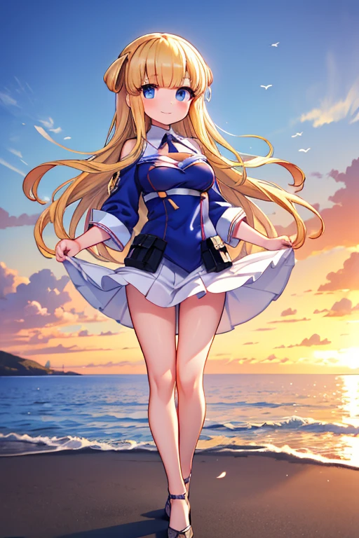 1 girl, Fletcher, Fletcher (Kancolle), masterpiece, top quality, nature, sky, cute, happy, nice smile, young, bright sunlight, Dancing, fun, the sea, vacation, flowers, Full body image, white skirt, blue uniform, mini skirt, (masterpiece:1.2), best quality, high resolution, unity 8k wallpaper, (illustration:0.8), (beautiful detailed eyes:1.6), extremely detailed face, perfect lighting, extremely detailed CG, (perfect hands, perfect anatomy),