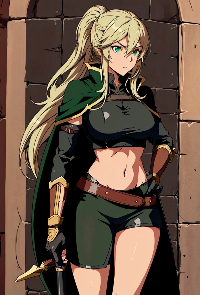 Create a 2D manga-style image of a young white woman named Lucina. She is a rogue in a medieval RPG setting. Lucina has long blonde hair tied in a ponytail., green eyes and a serious expression. His clothes are predominantly green and black.. She wears a fitted black top, a black cape and black pants, all with green details. Also include brown accessories, like a belt and boots. Lucina wears a brown glove on her left hand and brown anklets.. The background should reflect a medieval environment with fantasy elements, like a castle in the distance or a dense forest.
