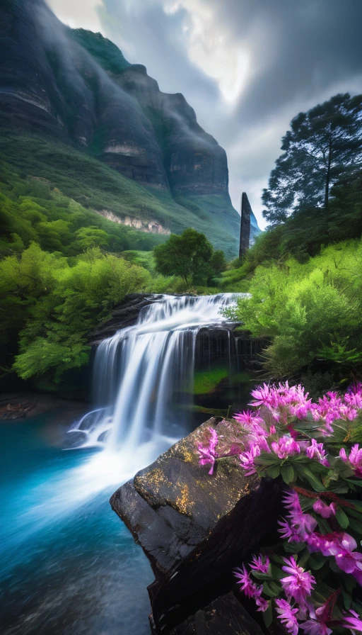 masterpiece, best quality, high quality, extremely detailed CG unity 8k wallpaper, scenery, outdoors, sky, cloud, day, no humans, mountain, landscape, water, tree, blue sky, waterfall, cliff, nature, lake, river, cloudy sky,award winning photography, Bokeh, Depth of Field, HDR, bloom, Chromatic Aberration ,Photorealistic,extremely detailed, trending on artstation, trending on CGsociety, Intricate, High Detail, dramatic, art by midjourney