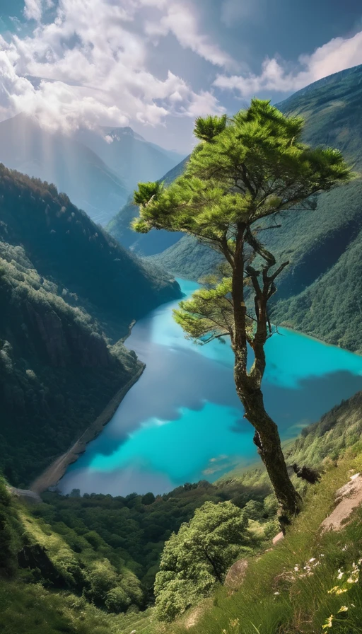 masterpiece, best quality, high quality, extremely detailed CG unity 8k wallpaper, scenery, outdoors, sky, cloud, day, no humans, mountain, landscape, water, tree, blue sky, waterfall, cliff, nature, lake, river, cloudy sky,award winning photography, Bokeh, Depth of Field, HDR, bloom, Chromatic Aberration ,Photorealistic,extremely detailed, trending on artstation, trending on CGsociety, Intricate, High Detail, dramatic, art by midjourney