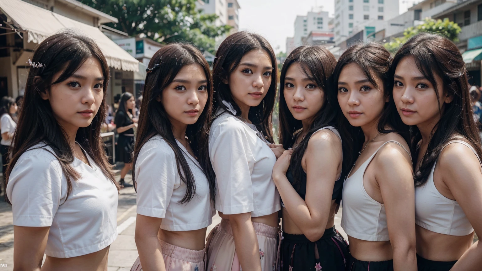 ภาพเต็มตัว,ภาพถ่ายระยะไกล, สาวรัสเชีย,อายุ25ปี, image of a group of girls in outfits posing in front of แม่น้ำ, เปลือยทั้งตัว, หน้าอกขนาดใหญ่, hololive, twice, trending on cgstation, fairycore, nightcore, fanart, seifuku, wallpaper - 1 0 2 4, , in girls generation, ddlc, 8k)), lolish, blank