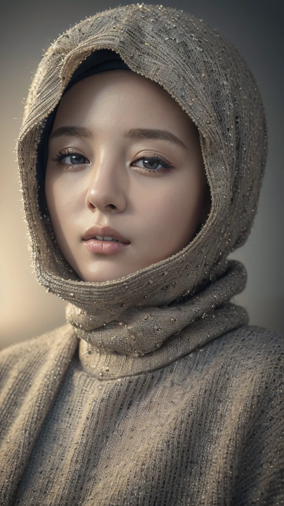 (masterpiece:1.3), (8k, photorealistic, RAW photo, best quality: 1.4), (Hijab girl), beautiful face, (realistic face), black and white hijab wearing, realistic eyes, beautiful detailed eyes, (realistic skin), beautiful skin, (sweater), absurdres, attractive, ultra high res, ultra realistic, highly detailed, golden ratio