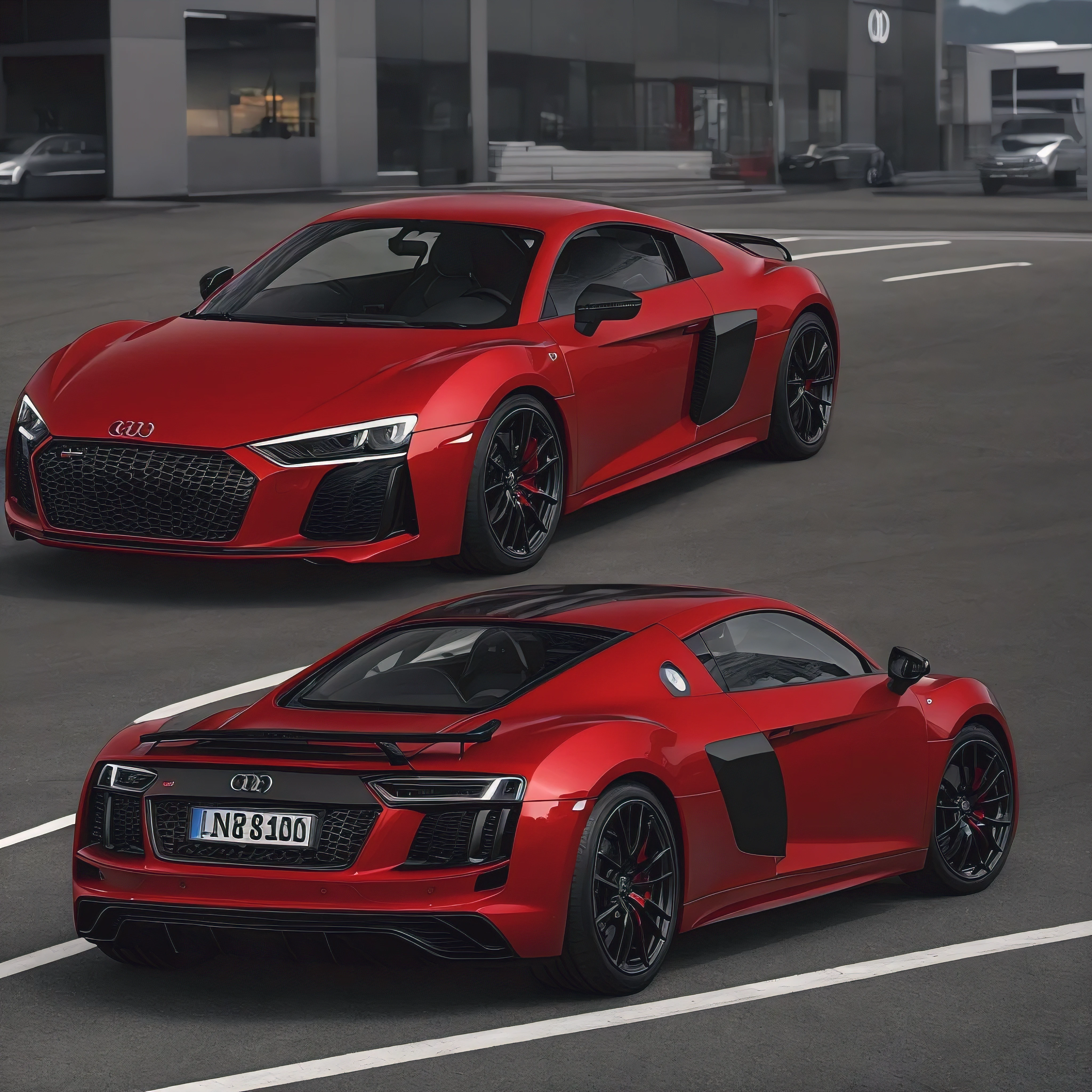 4K High-Defension, Best Quality, Ultra-HD: 1.0), Stunning Sleek Dark Red Audi R8 (iu:0.9), Ultra-HD, High Resolution, Masterpiece: 1.0, Dark Red Audi R8, Sleek Design, Shiny Finish, Detailed Interior, Racing Seats, Leather-Wrapped Steering Wheel, Carbon Fiber Accents, Mirrored Side Mirrors, Modern Dash, Dynamic Headlights, Twin Exhaust Pipes, Sporty, Luxurious, Perfectly Clean, Showroom Ready, Closeup, Detailed Render, Ray Tracing, Motion Bl