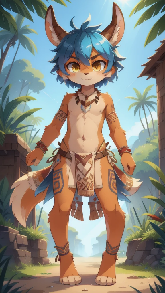 Furry shota, gazelle, blue hair, disheveled thick hair, short hair, brown curved horns, yellow eyes, detailed body fur, ((tribal small loincloth, tribal adorns)), looking at you, orange body fur, detailed face, big eyebrows, detailed eyes, detailed body, detailed body fur, detailed hands, flat body, glistering body, shiny body, skinny, sassy face, :3, looking at you, glow throughout the scene, sabannah, clear sky, solo, full body, feets with three toes, 3 toes, masterpiece, 