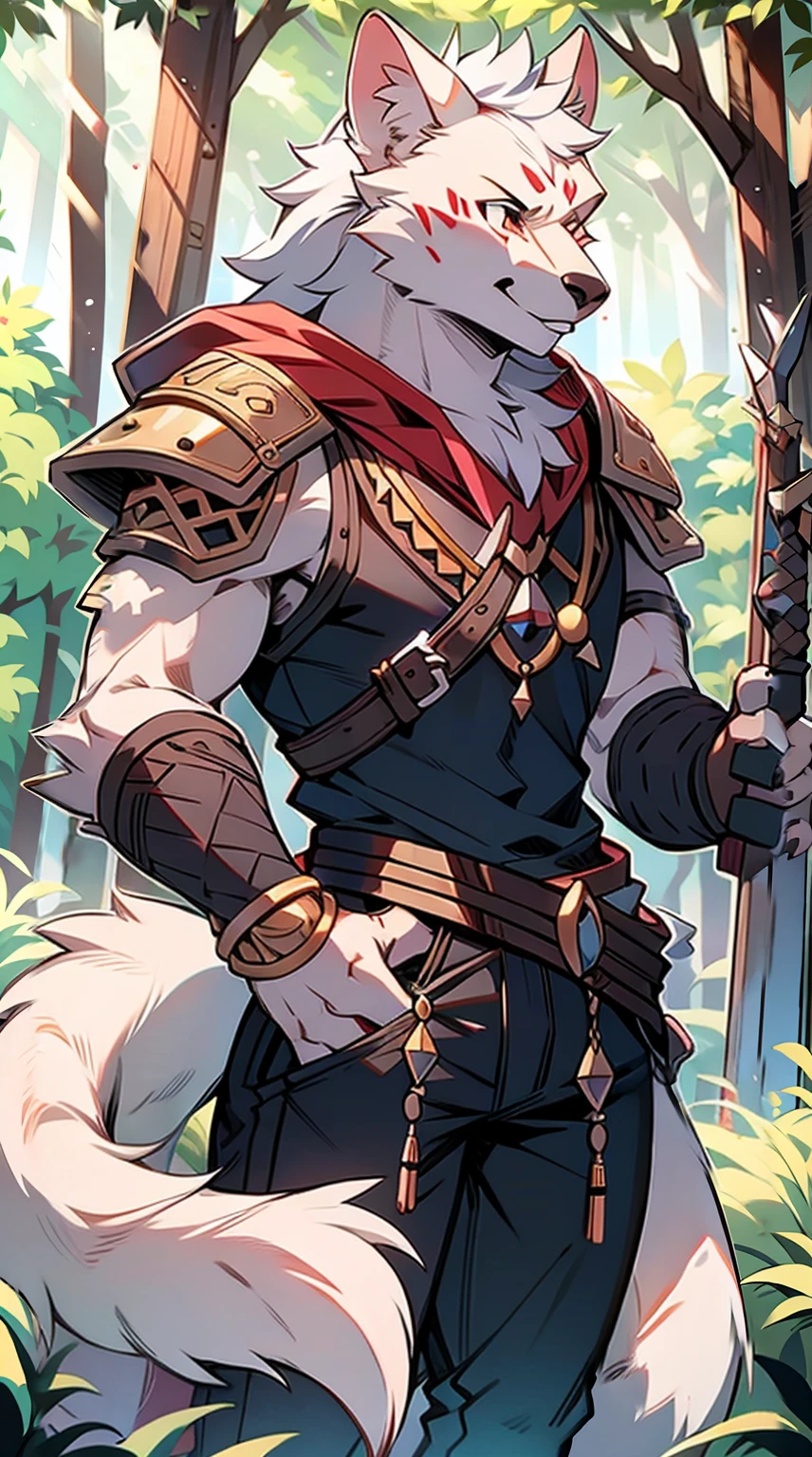 Injuried、、and、Sad eyes、Wound、armor、Long Sword、hairy、masterpiece、Anthropomorphic white wolf、Dragon-like golden eyes、Pure white hair、Tail、Wolf head pendant、forest
